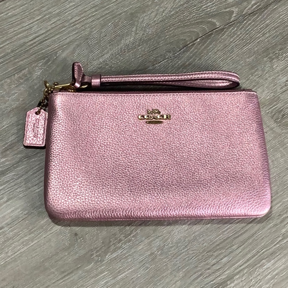 Coach large zip top Pink metallic Wristlet